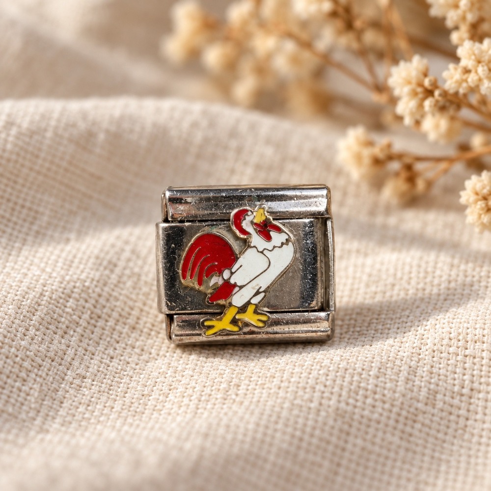 Vintage Rooster Enamel Italian Charm Stainless Steel 9mm Link Farm Animal